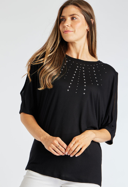 Longline Batwing Top with Eyelet Stud Neckline